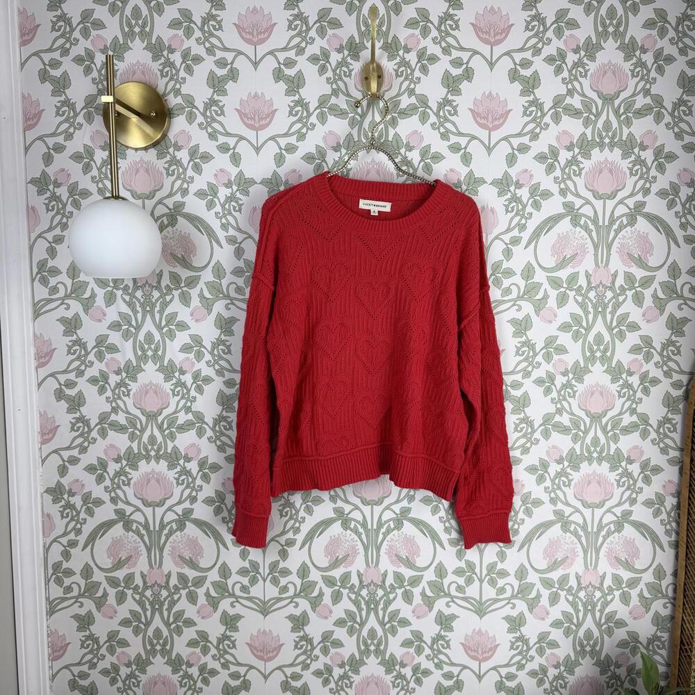 Lucky Brand Red Heart Stitch Pattern Knit Crewneck Sweater - Size - Medium